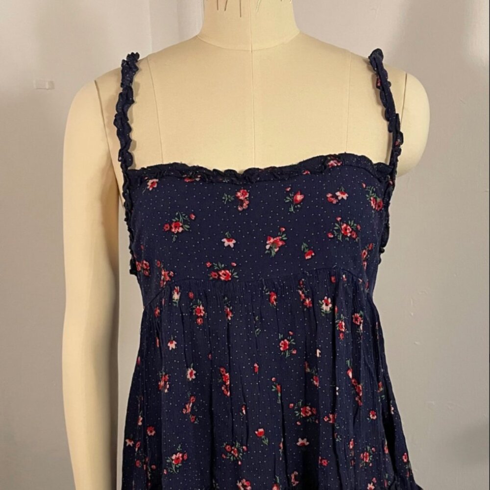 Floral Navy Blue Sundress - Ruffle Straps, Open Tie-Back, Lightweight & Flowy